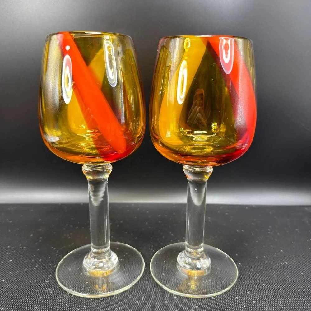 Pier 1 Hand Blown Art Glass Cups Glasses Set of 2 Amber Red Yellow Swirl Stripe